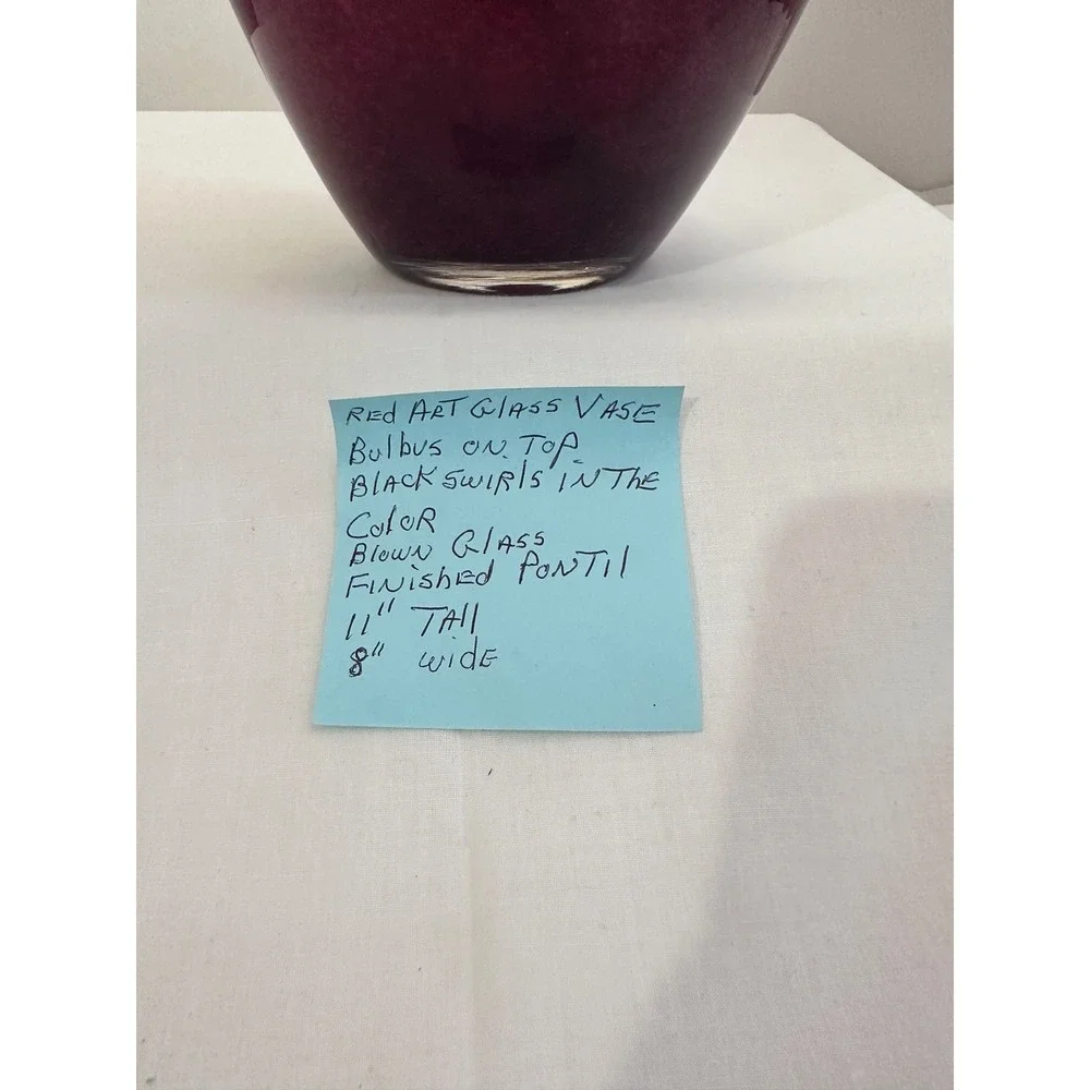 Red Art Glass Bulbus Vase Black Swirls Pontil Finish Tall Wide‎